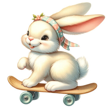 recommend clip art: easter rabbit bunny easter eggs on the skateboard 1950 retro vintage watercolor clip art isolated	
                    