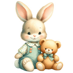 Obraz premium easter rabbit bunny easter eggs with teddy bear doll 1950 retro vintage watercolor clip art isolated 