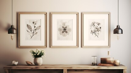 Framed art displayed on a neutral-colored wall with Scandinavian wall sconces