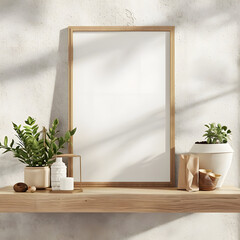 3D rendered mock-up poster frame placed on a wooden shelf with carefully curated decorative items and green plants, creating a cozy and inviting home decor setting.