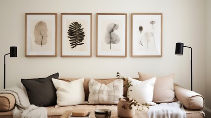 Framed art displayed on a neutral-colored wall with Scandinavian wall sconces