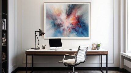Framed art piece above a sleek minimalist desk in a home office