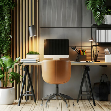 A 3D-rendered mock-up of a cozy modern workplace in an interior setting, featuring a stylish desk setup, comfortable chair, plants, and warm lighting.