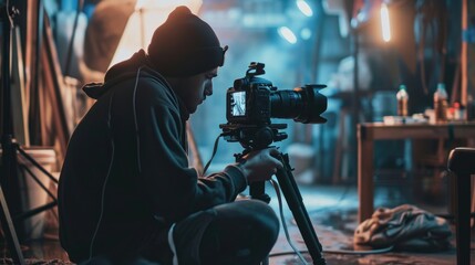 Creator with cinematic camera, engaged in recording process, creators and their equipment, dynamic process of producing engaging videos - obrazy, fototapety, plakaty