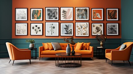 Gallery of frames in various sizes on a feature wall in a chic lounge