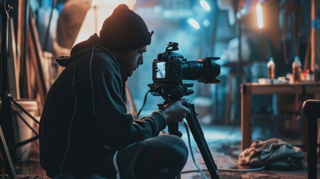 Creator with cinematic camera, engaged in recording process, creators and their equipment, dynamic process of producing engaging videos