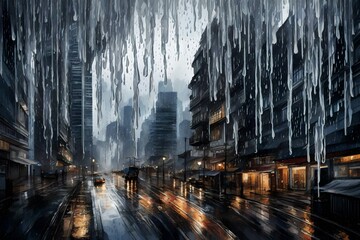 Wavy curtains of rain falling over a cityscape