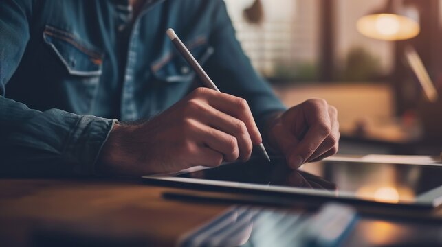 graphic designer using tablet and pen, digital tools in creative processes