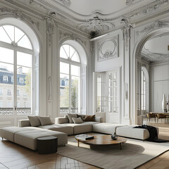 Spacious and luxurious modern Haussmannian living room with elegant decor and contemporary design.