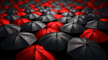 Red umbrella among black umbrellas and rain