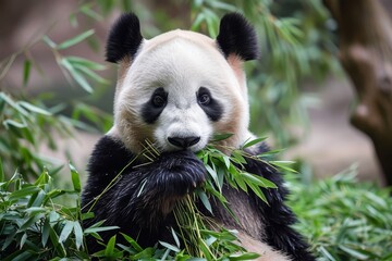 Obraz premium A majestic giant panda feasting on fresh green leaves in its natural habitat, showcasing the grace and beauty of this iconic terrestrial animal