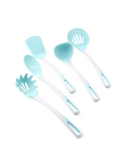 Fototapeta premium Silicon cooking utensil set including slotted spoon, slotted turner, pasta server, slotted spatula, deep soup ladle, basting brush, spreader spatula, hooks, holder