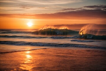 A breathtaking display of colors and textures is produced as the waves smash against the shore as the sun sets over the ocean. Just picture a surfer riding the final wave of the day against the vivid
