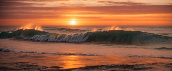 The waves smashing against the coast create a breathtaking display of colors and textures as the sun sets over the ocean. Envision a surfer riding the final wave of the day against the colorful