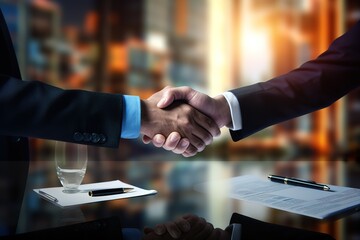 A businessman shaking hands over a letter of agreement. generative AI