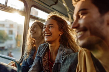 group of friends share laughter and lively conversations, making the most of their urban commute