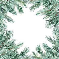 Fototapeta na wymiar Hand-painted watercolor illustration of Christmas fir branches, creating a festive frame for greeting cards and invitations.
