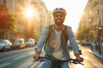 A man cycles through the city streets at sunset. His smile reflects the joy of a beautiful evening ride, with the golden sunlight