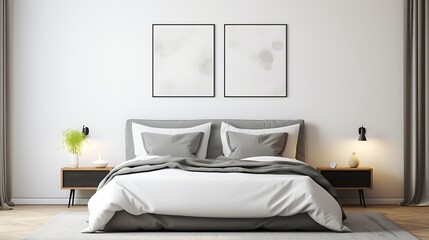 Gallery of small Mockup poster blank frames on a feature wall in a minimalist bedroom - obrazy, fototapety, plakaty