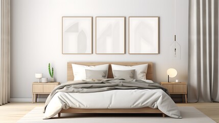 Gallery of small Mockup poster blank frames on a feature wall in a minimalist bedroom