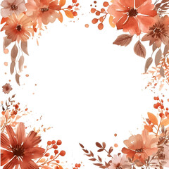 Fototapeta na wymiar Hand-painted watercolor autumn floral frame with rusty flowers in terracotta colors on a transparent background, ideal for autumn-themed designs.