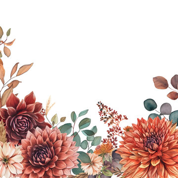 Watercolor illustration featuring a border of dahlia, rose, and eucalyptus leaves in burnt orange and terracotta hues. Perfect for rustic wedding designs.