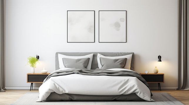 Fototapeta Gallery of small Mockup poster blank frames on a feature wall in a minimalist bedroom