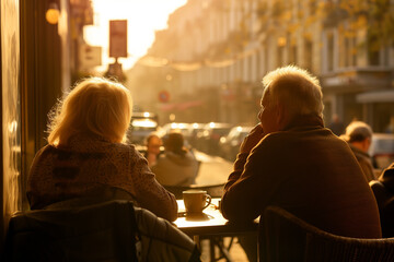 Senior couple sits at a street café, deeply engrossed in conversation. The bustling city life moves around them