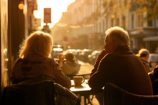 Senior couple sits at a street caf&eacute;, deeply engrossed in conversation. The bustling city life moves around them