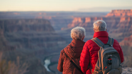 senior couple stands together, embraced in a moment of quiet reflection. The warm hues of twilight cast a gentle light on their faces, highlighting a lifetime of shared experiences and the serene joy 