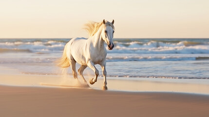 Obraz na płótnie Canvas White horse running in sand beach with sunrise