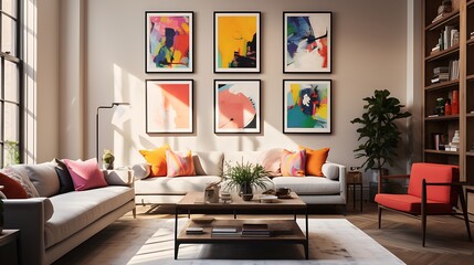 Gallery wall of frames featuring abstract artwork in a modern living room