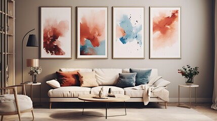 Gallery wall of frames featuring abstract artwork in a modern living room
