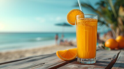  Glass of  fresh orange juice. Beach, sand, palmtrees and ocean waves in the background.