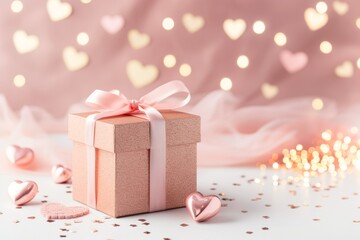 Pink gift box with ribbon and many heart shapes on dirty rose blurred background.