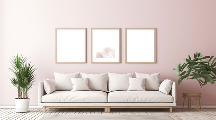 Gallery wall of Mockup poster blank frames above a Scandinavian-inspired sofa