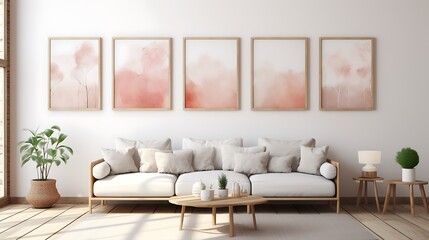 Fototapeta na wymiar Gallery wall of Mockup poster blank frames above a Scandinavian-inspired sofa