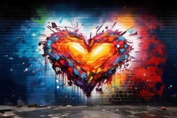 Colorful bright spray painting heart shape on brick wall background outdoors.