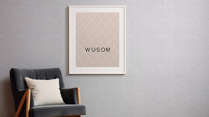 Geometric Mockup poster blank frame on a wall with textured wallpaper in a guest room