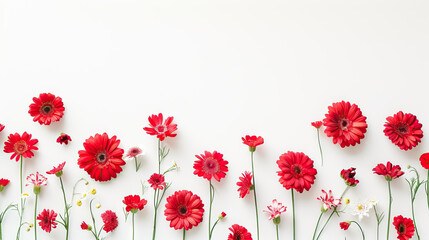 red and pink gerberas on white background. Flat lay, top view. Valentine's background. Pattern of flowers - Generative AI