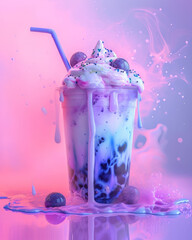 Vanilla smoothie with cream and berries with purple background - obrazy, fototapety, plakaty
