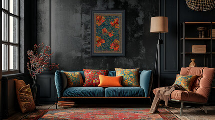 Dark vintage interior with a sofa and an armchair and pillows with ornament. Carpet on the floor and  a colorful picture in a  frame on a  wall. Mockup.