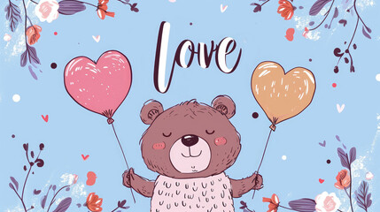 Illustration of a cute little bear with balloons on the holiday of Valentine's Day on a blue background