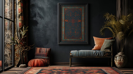 Vintage dark interior with a sofa and bright fabric pillows with ornaments. Carpet and a home plant on the floor and a picture on a black shabby wall. Mockup.