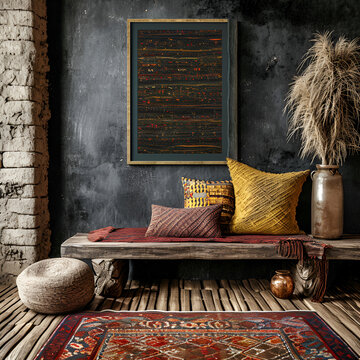 Vintage interior with a wooden bench and bright fabric pillows with ornaments. There is a carpet on the floor and a picture on a black shabby wall. Mockup.