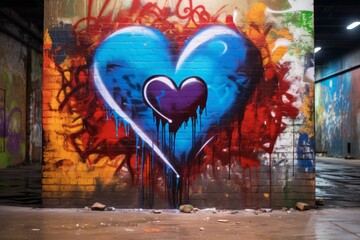 Colorful spray painting heart shape on brick wall background outdoors.