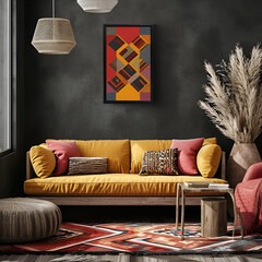 Dark boho interior with an armchair and colorful pillows with ornament. Carpet and dry flowers on the floor and a picture in a frame on a  wall. Mockup.