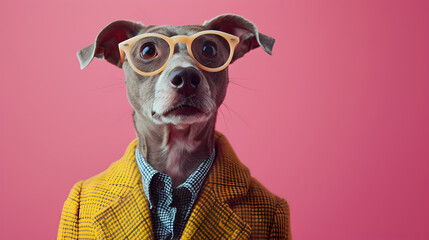 Cute Dog with Glasses wearing yellow business suit