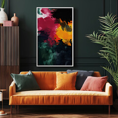 Modern colorful interior with a yellow sofa and pillows. Carpet and a home plant on the floor and  a picture in a  frame on a  wall. Mockup.