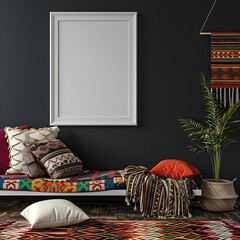 Colorful boho interior with a sofa and pillows with ornament. Carpet and a home plant on the floor and  an empty frame on a  wall. Mockup.